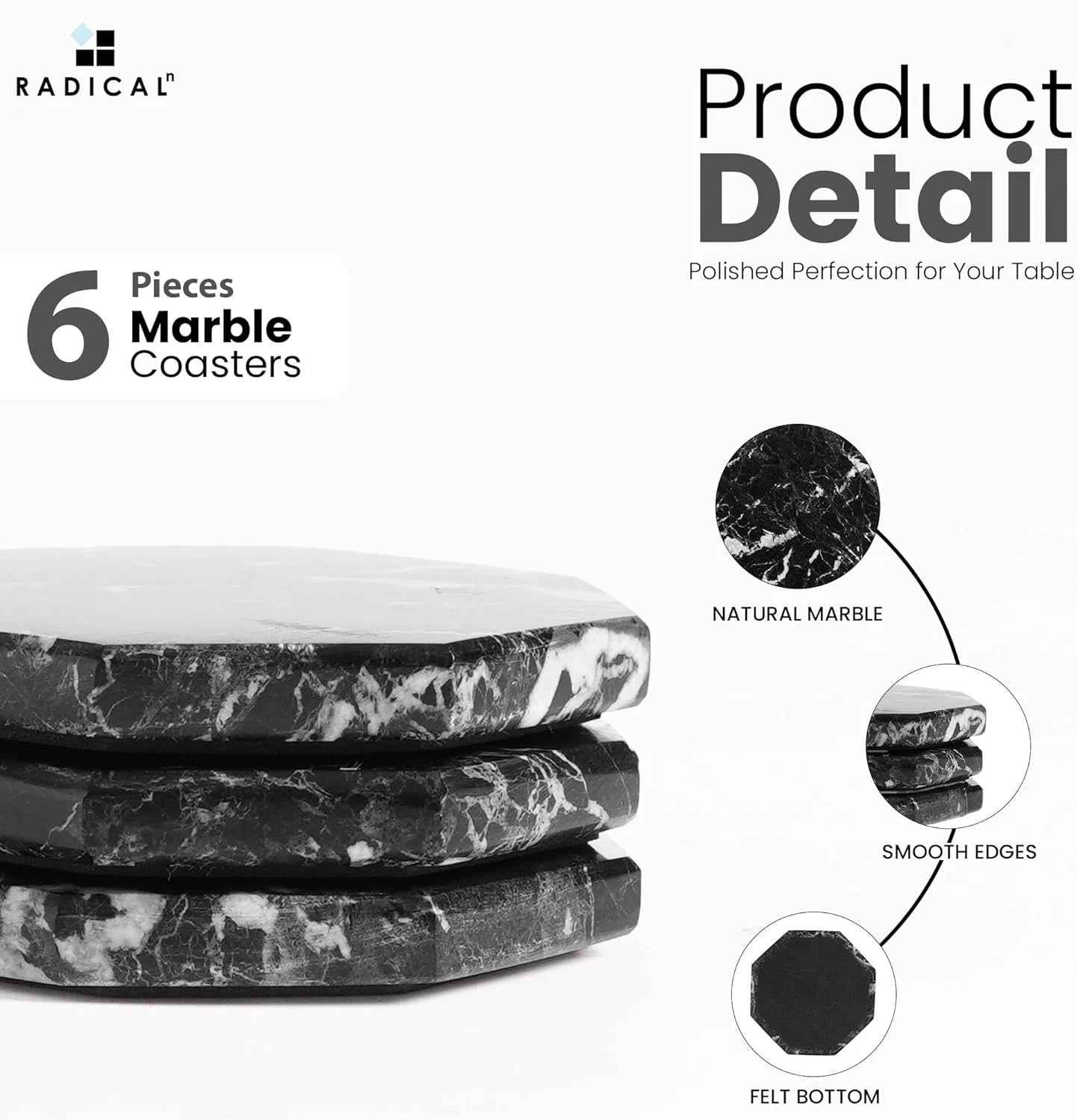 Black Marble Coasters Set of 6 Handmade 3.5 Inch Star Coasters for Drinks, Ideal Coaster Set for Home & Kitchen Table Decor