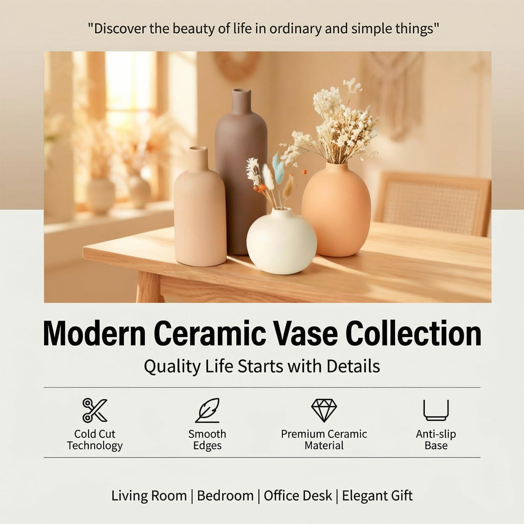 Keramik Vasen Set 4-Teilig | Iconic Home Vase Für Pampasgras & Trockenblumen | Moderne Tischdeko in Beige & Braun | Neutral Boho Skandinavische Vase Hoch Für Wohnzimmer