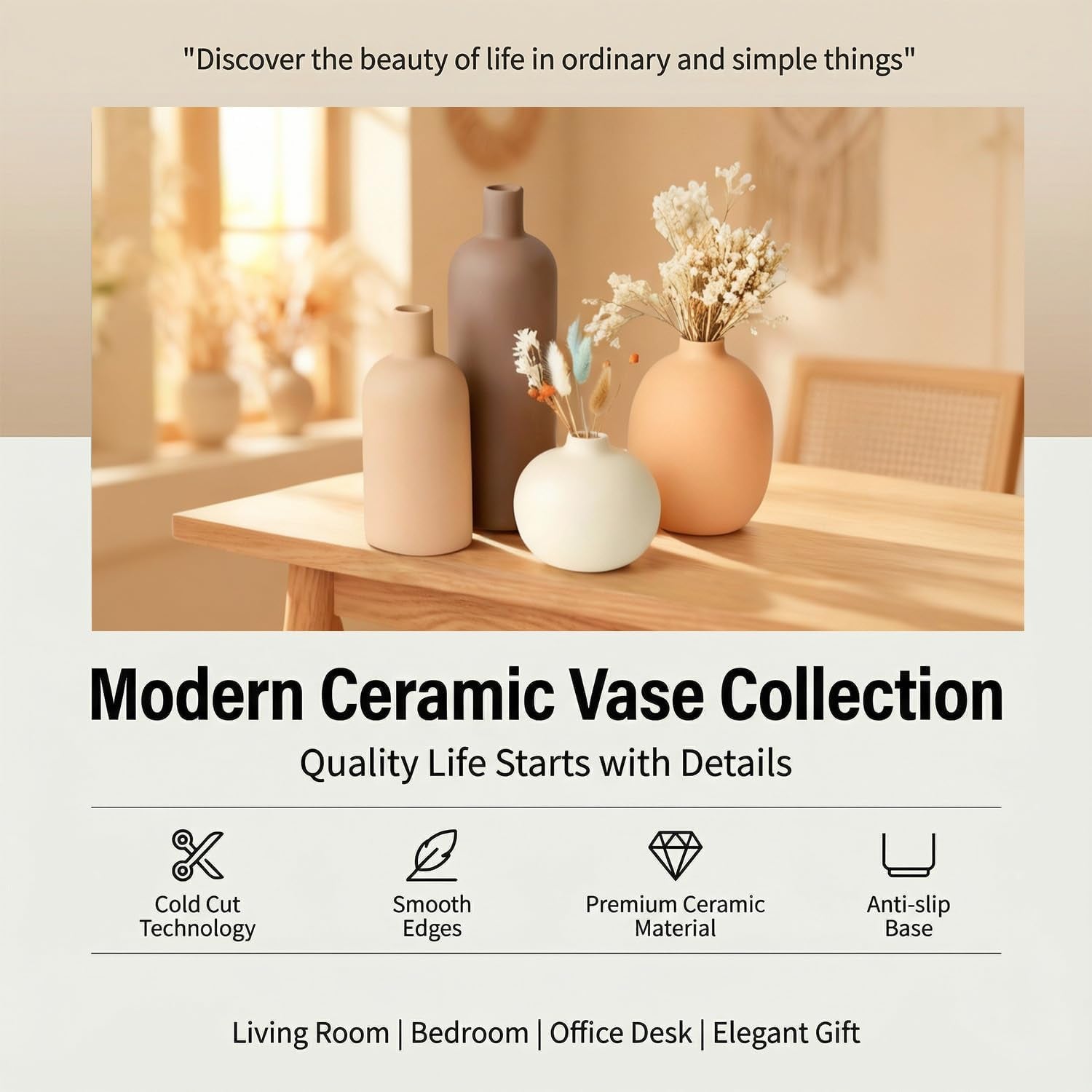 Keramik Vasen Set 4-Teilig | Iconic Home Vase Für Pampasgras & Trockenblumen | Moderne Tischdeko in Beige & Braun | Neutral Boho Skandinavische Vase Hoch Für Wohnzimmer