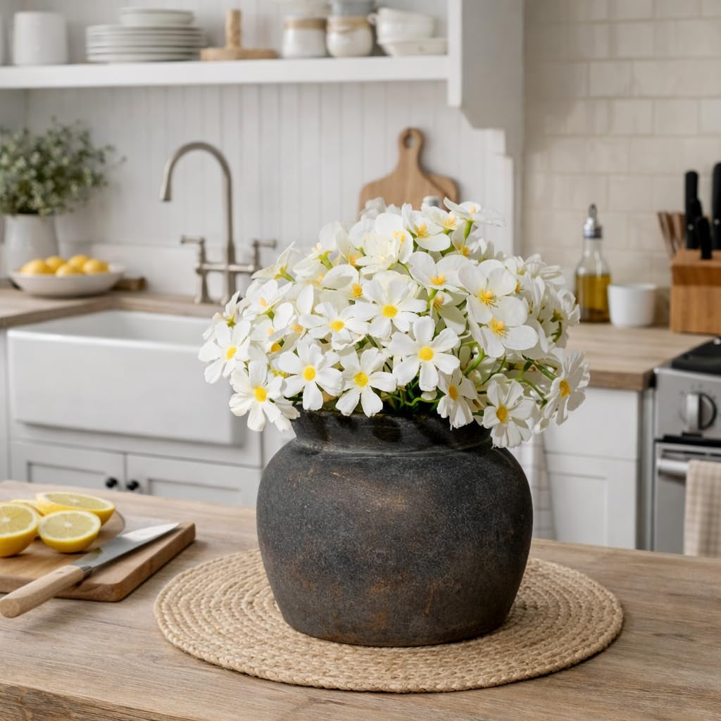 Ceramic Flower Vase with Wide Mouth Lace, 5.1 Inch Pottery Rustic Farmhouse Boho Vases, Small Terracotta Vase for Home Decor, Table, Living Room, Bathroom, Shelf, Wedding, Bronze