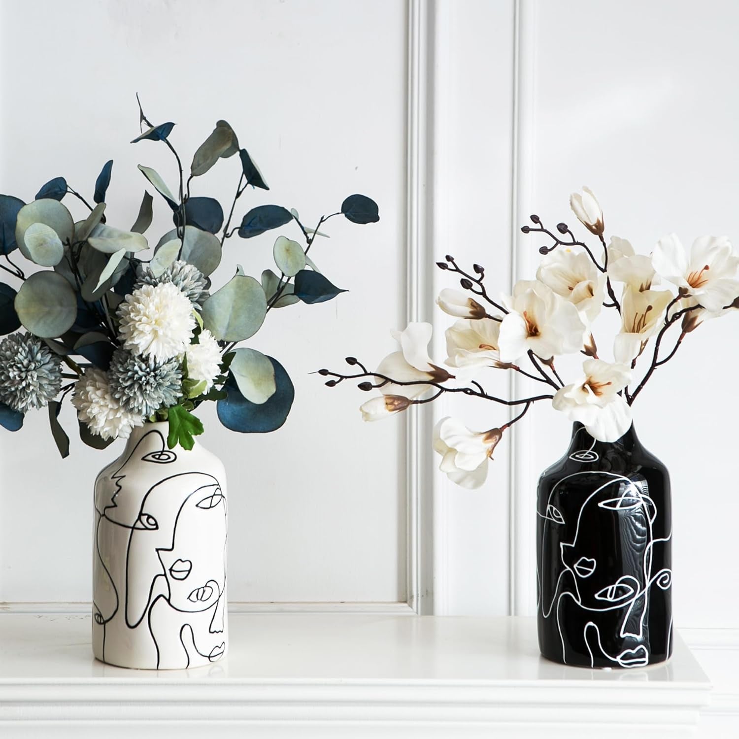 Ceramic Vase Set, 2Pcs Black and White Abstract Irregular Design Flower Vases, Modern Home Decor Living Room Decor Minimalist Decorative Vase for Pampas Grass