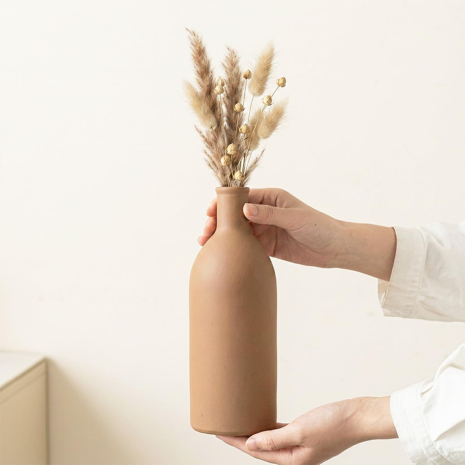 Keramik Vasen Set 3-Teilig | Iconic Home Vase Für Pampasgras & Trockenblumen | Moderne Tischdeko in Beige & Braun | Neutral Boho Skandinavische Vase Hoch Für Wohnzimmer