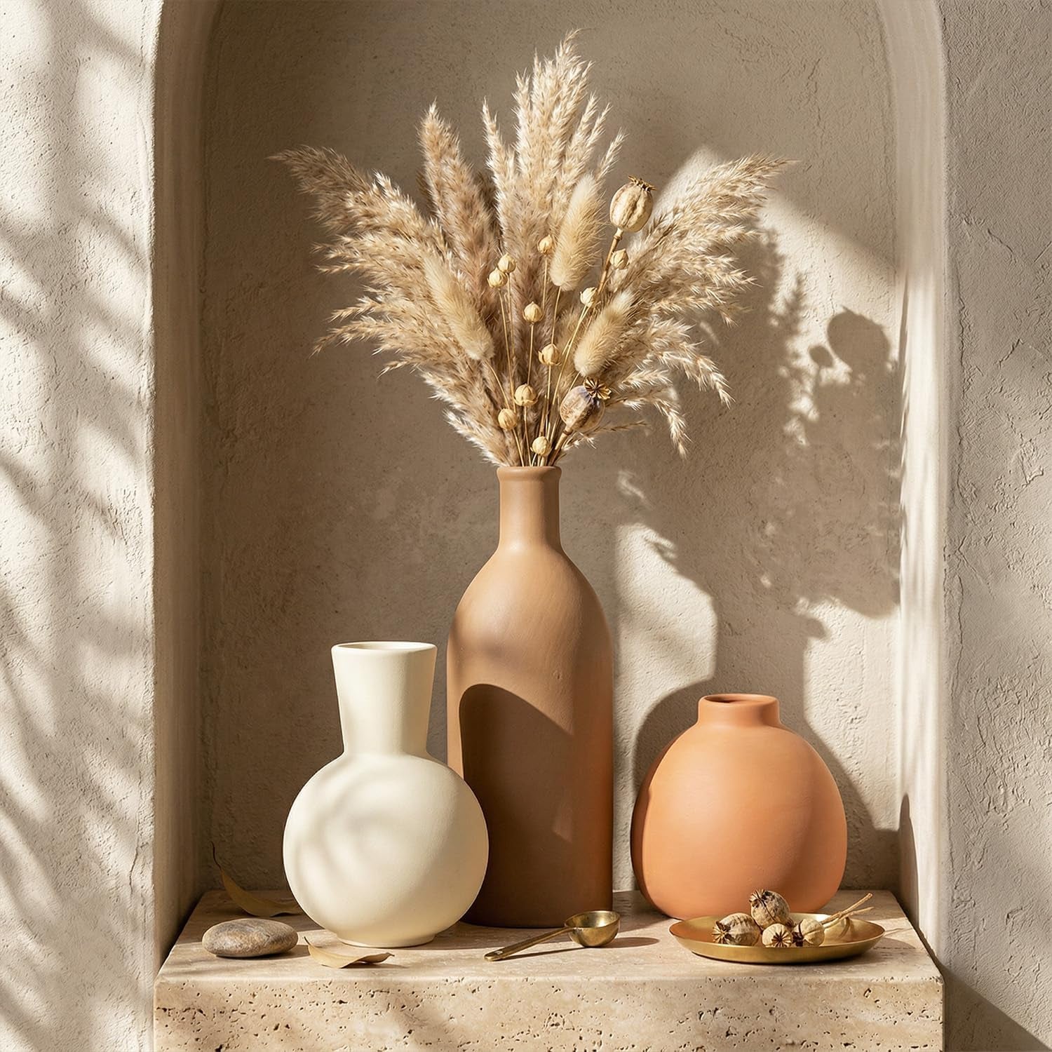 Keramik Vasen Set 3-Teilig | Iconic Home Vase Für Pampasgras & Trockenblumen | Moderne Tischdeko in Beige & Braun | Neutral Boho Skandinavische Vase Hoch Für Wohnzimmer