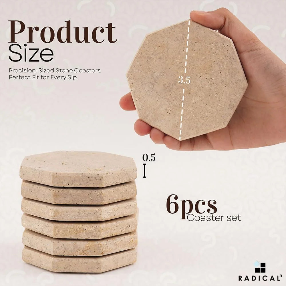 Travertine Coasters 3.5 Inch Handmade Star Stone Coasters for Coffee Table, Ideal Coasters Set of 6 for Drinks, Elegant Coaster for Kitchen & Dining Table Decor