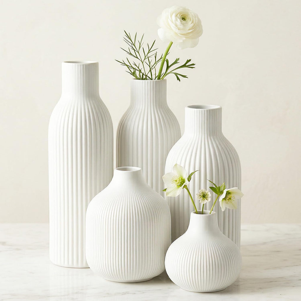 Weiß Keramik Vasen Set 5-Teilig | Iconic Home Vase Für Pampasgras & Trockenblumen | Moderne Tischdeko | Neutral Boho Skandinavische Vase Hoch Für Wohnzimmer