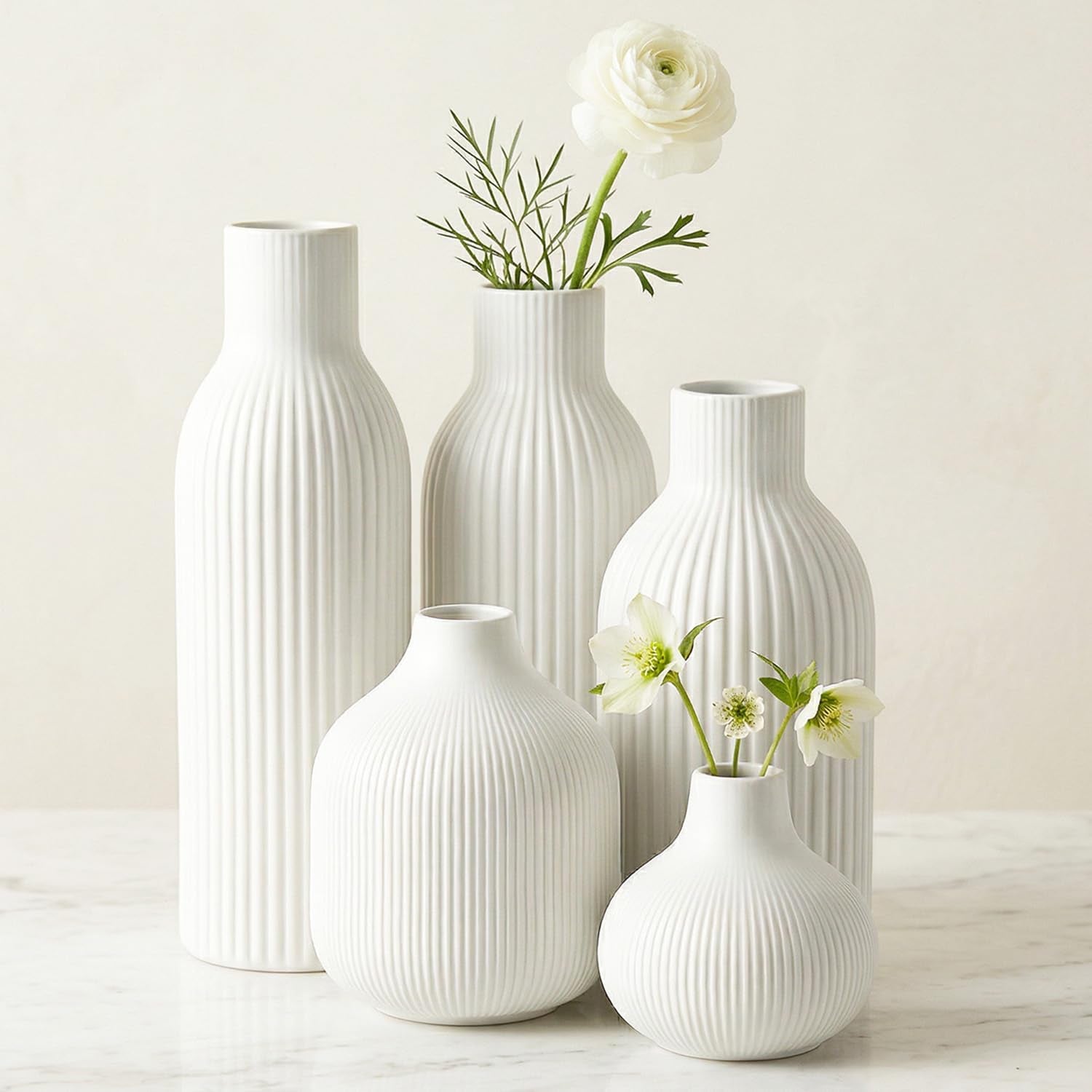 Weiß Keramik Vasen Set 5-Teilig | Iconic Home Vase Für Pampasgras & Trockenblumen | Moderne Tischdeko | Neutral Boho Skandinavische Vase Hoch Für Wohnzimmer