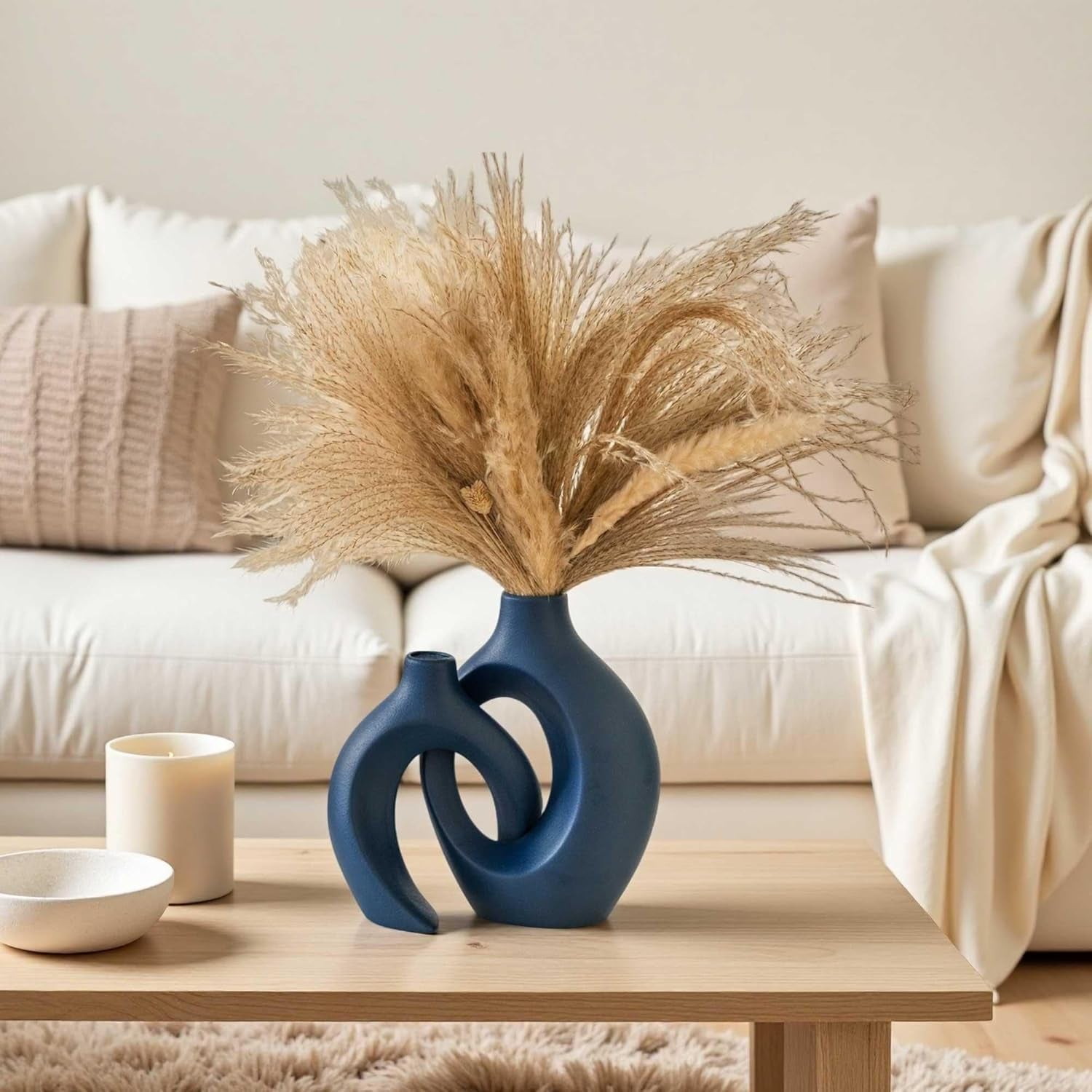 Snuggle Hollow Ceramic Vase Set of 2, Nordic Modern Boho Ins Style Ceramic Aesthetic Flower Vases for Home Decor Living Room Coffee Table Decorative (Matte Navy Blue W 6.3" X H 8.4")