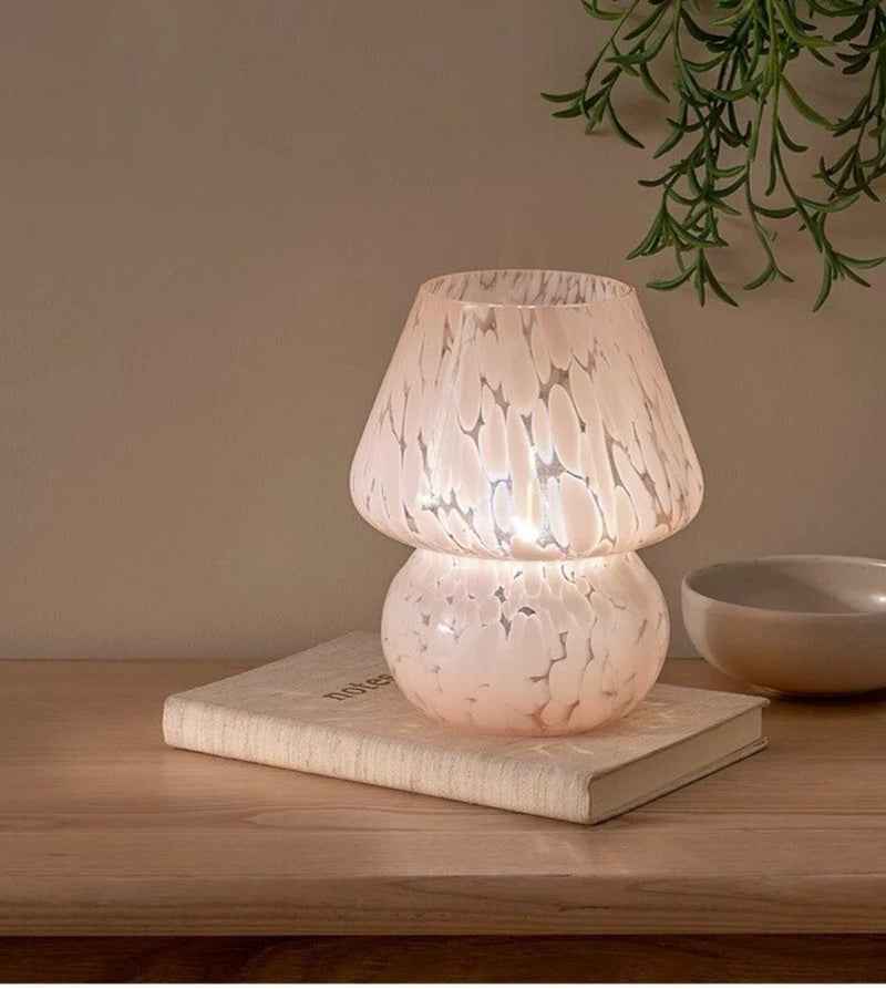 Pink Glass Mushroom Lamp Portable LED Home Decor Bedside Room Light